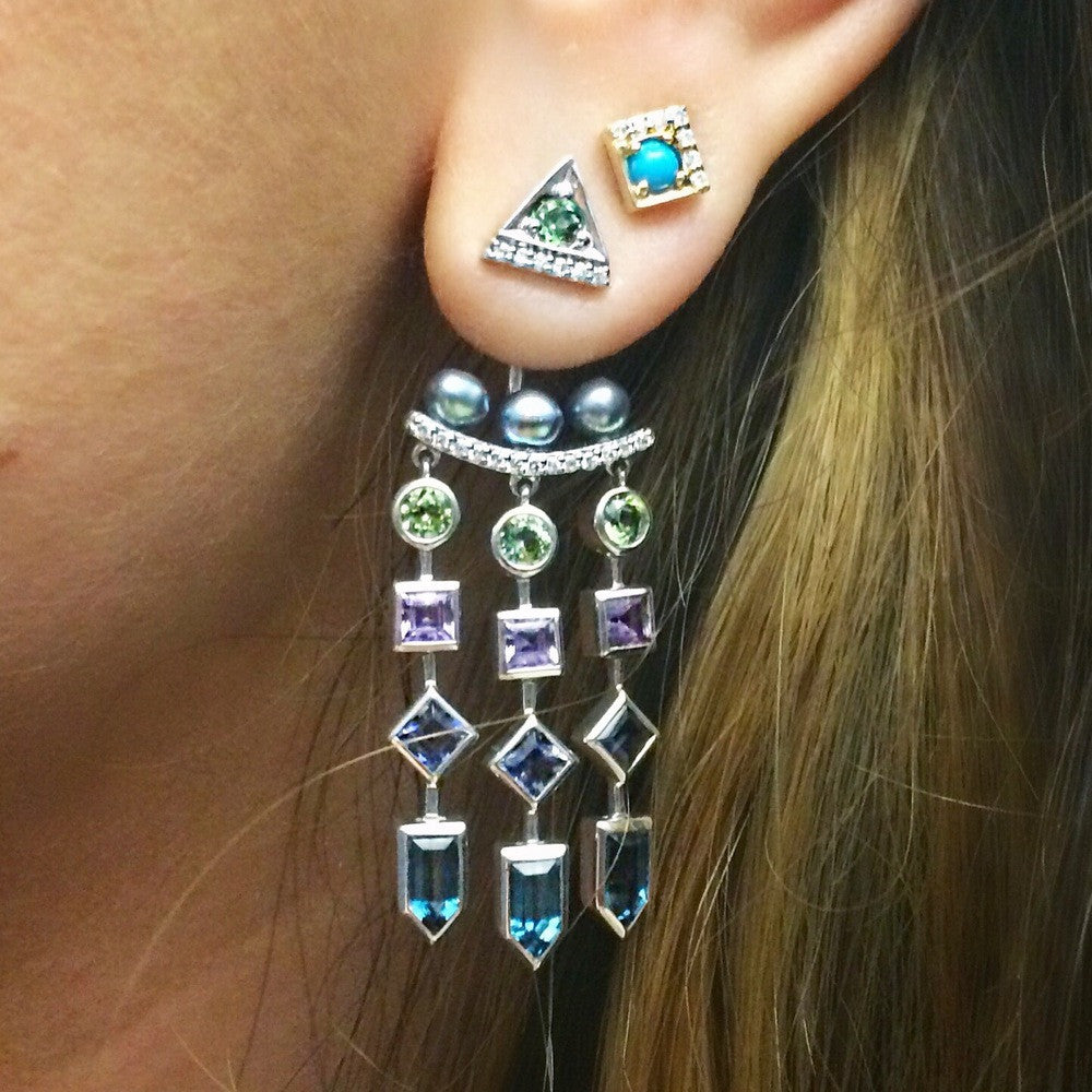 Jane Taylor Cirque Square 14K Yellow Gold Stud Earrings Turquoise & Diamonds