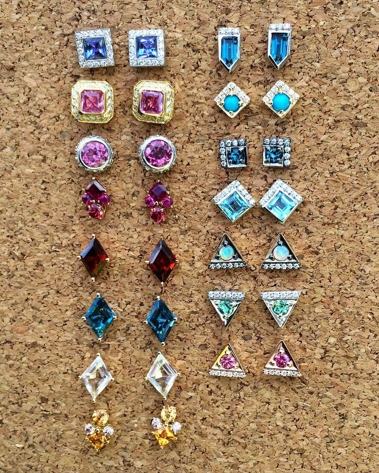 Jane Taylor Cirque Square 14K Yellow Gold Stud Earrings Turquoise & Diamonds