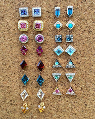 Jane Taylor Cirque Square 14K Yellow Gold Stud Earrings Turquoise & Diamonds