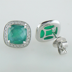 Doves "Cypress Grove" Green Amethyst Mother of Pearl, & Agate Cushion Shape Stud Earrings with Diamond Halo