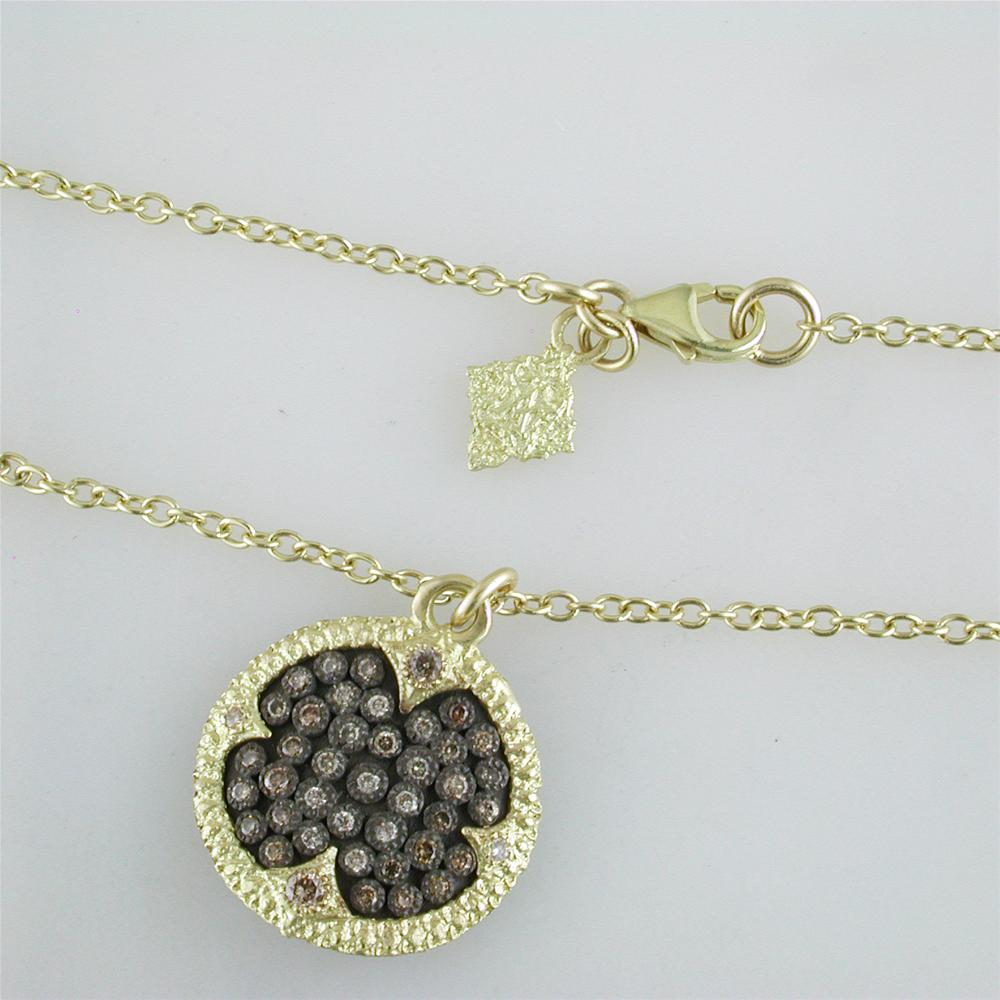 Armenta Ombre Champagne Diamond Carved Round Disc Silver & 18k Yellow Gold Pendant Necklace