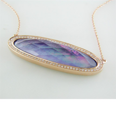 Doves "Parisian Plumb" Purple Amethyst, Lapis, Mother of Pearl Elongated Oval Shape Pendant Necklace with Diamond Halo