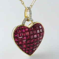 Vintage Estate Invisible Set Ruby Gold Heart Pendant Necklace