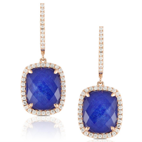 Doves Blue "Royal Lapis" & Diamond Cushion Dangle Earrings Rose Gold