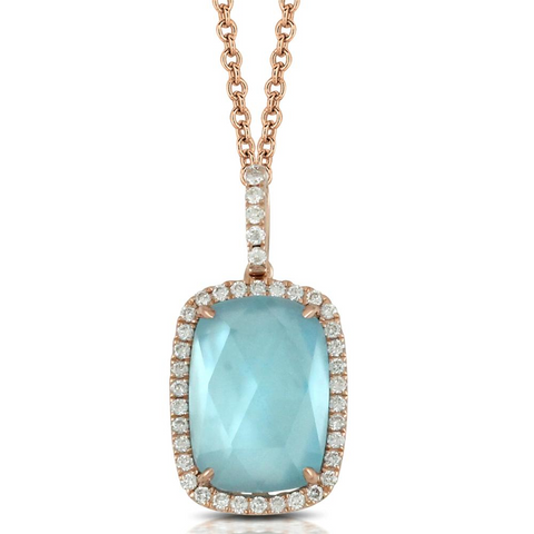 Doves "Ocean Mist" Blue Topz & Mother of Pearl Cushion Shape Halo Pendant Necklace