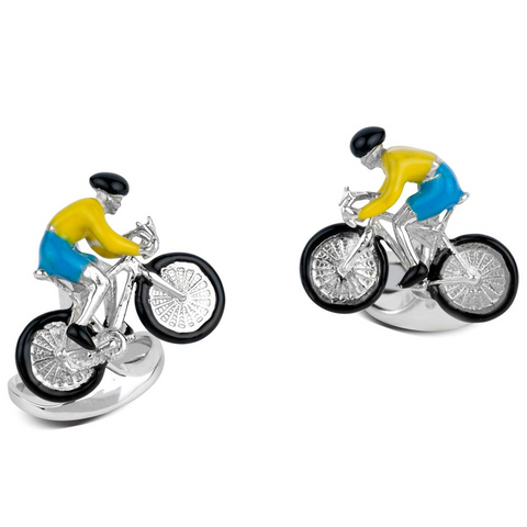 Deakin & Francis Racing Bike & Rider Bicycle Yellow & Blue Enamel Silver Cufflinks