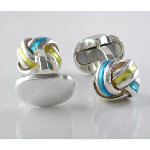 Deakin & Francis Blue & Yellow Enamel Sterling Silver Knot Cufflinks