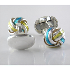 Deakin & Francis Blue & Yellow Enamel Sterling Silver Knot Cufflinks