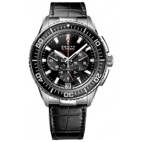 Zenith El Primero Stratos Black Flyback Leather Chronograph Watch