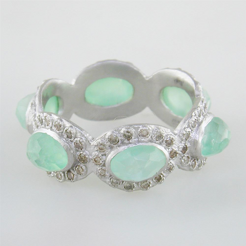 Armenta Oval Chrysoprase & Moonstone Silver Stackable Band Ring with Diamonds from New World Collection