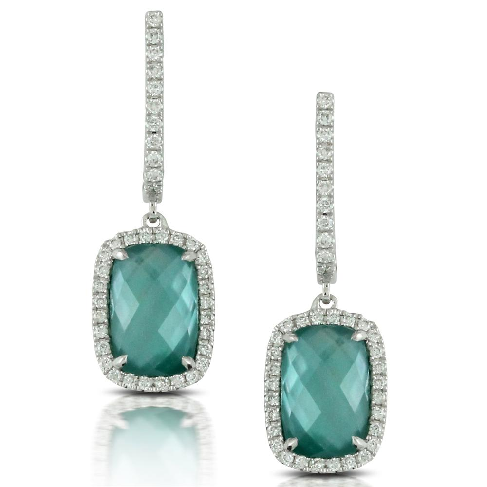 Doves "Cypress Grove" Green Amethyst Mother of Pearl, & Agate Cushion Shape Dangle Earrings with Diamond Halo