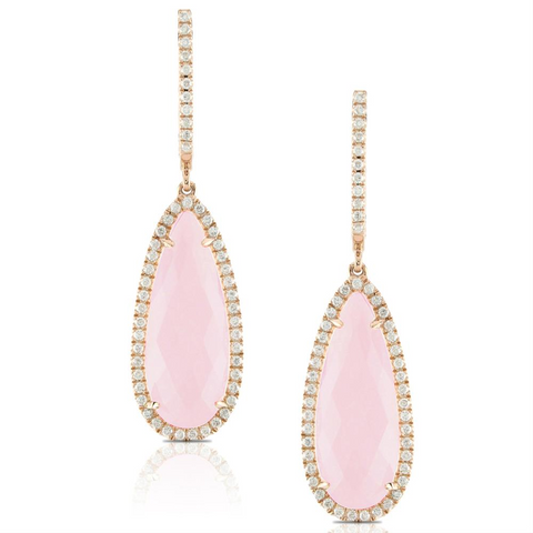 Doves "Bella Rosa" Milky Rose Quartz & Diamond Dangle Drop Earrings 18K