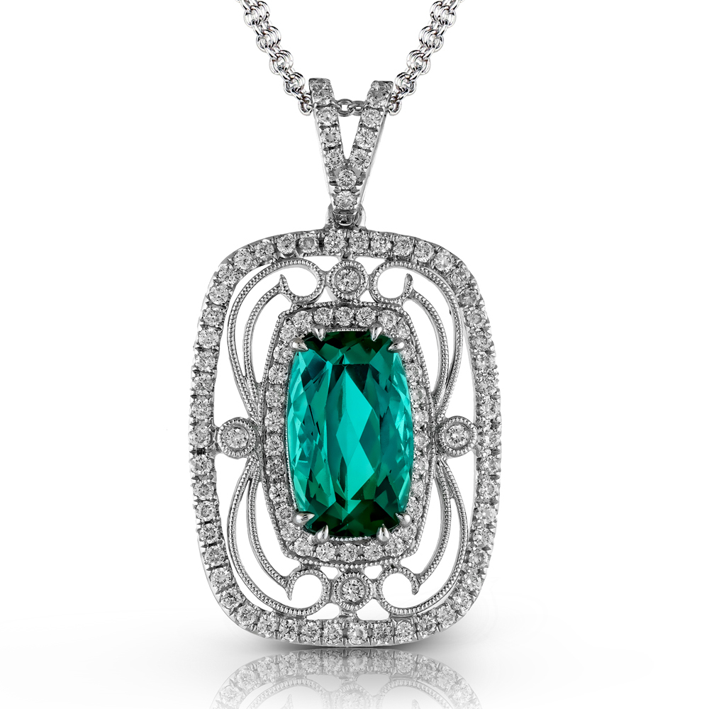 Simon G. Green Tourmaline & Diamond Rectangle Filigree Vintage Style Pendant Necklace TP226