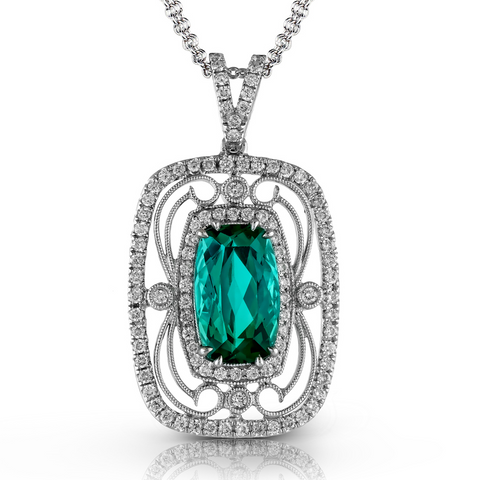 Simon G. Green Tourmaline & Diamond Rectangle Filigree Vintage Style Pendant Necklace TP226