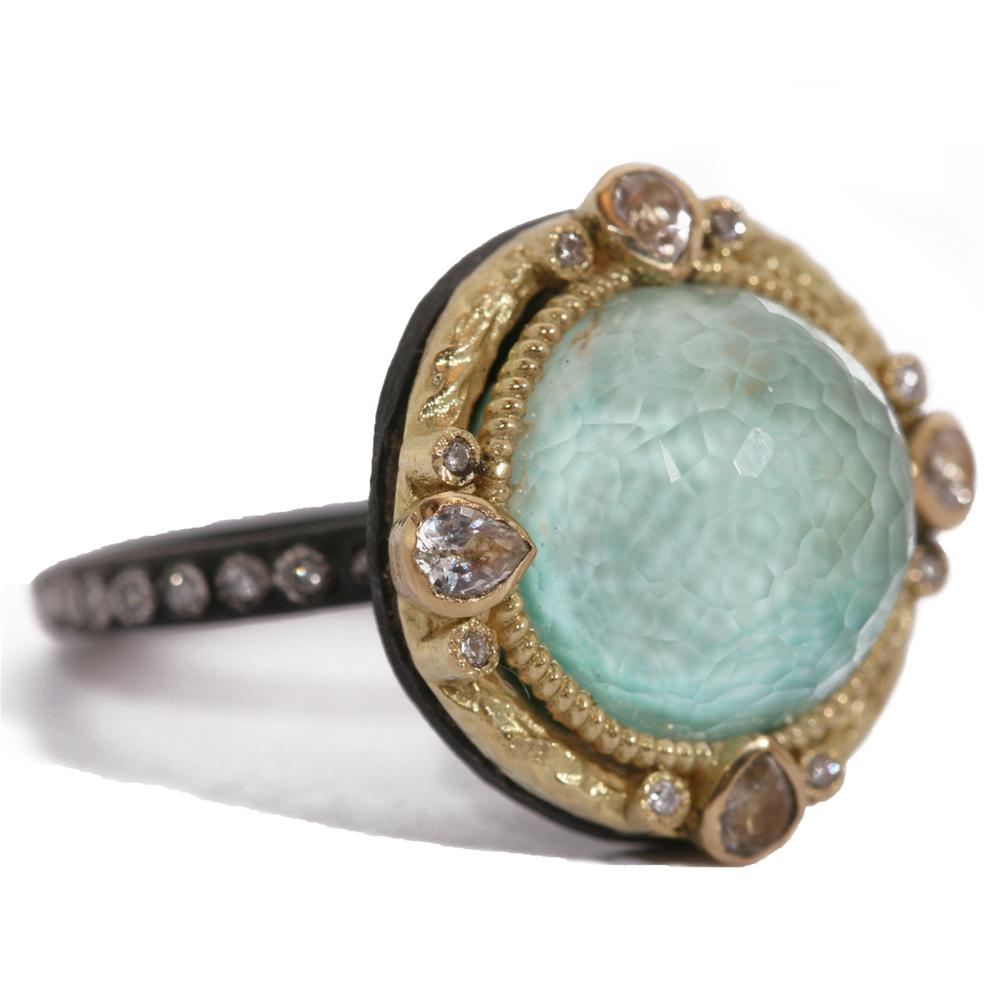 Armenta Green Turquoise & Quartz Round Sapphire Diamond Oxidized Silver Ring