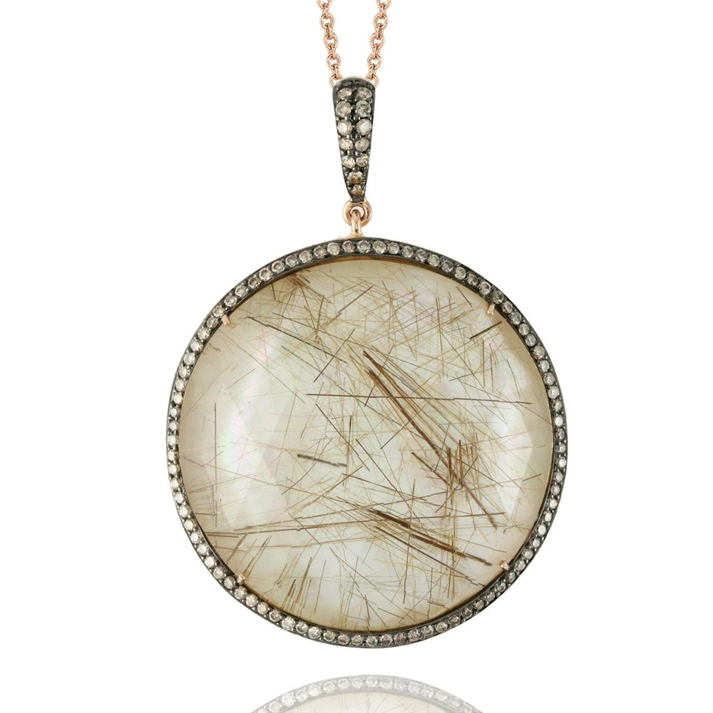 Doves "Angel Hair" Rutilated White Quartz, Diamond, & Mother of Pearl Necklace Pendant