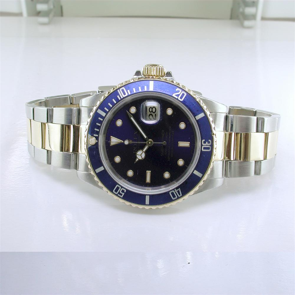 Rolex Blue Submariner Watch 16613 Dial Yellow Gold Steel Oyster 1995 16613