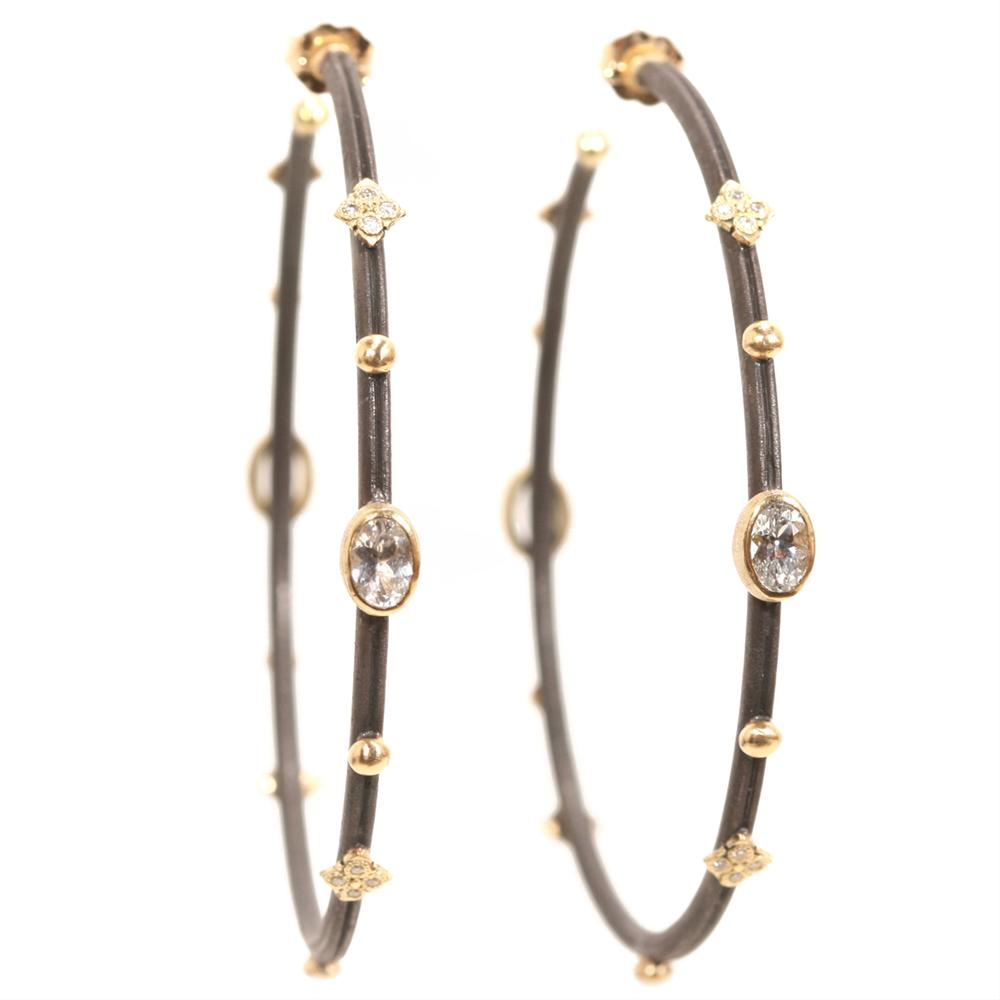 Armenta Old World 18 Karat Yellow Gold, Oxidized Sterling Silver, Diamond & White Sapphire Hoop Earrings E1946