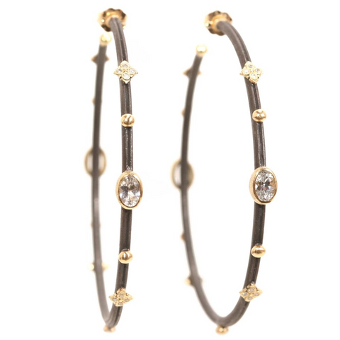 Armenta Old World 18 Karat Yellow Gold, Oxidized Sterling Silver, Diamond & White Sapphire Hoop Earrings E1946