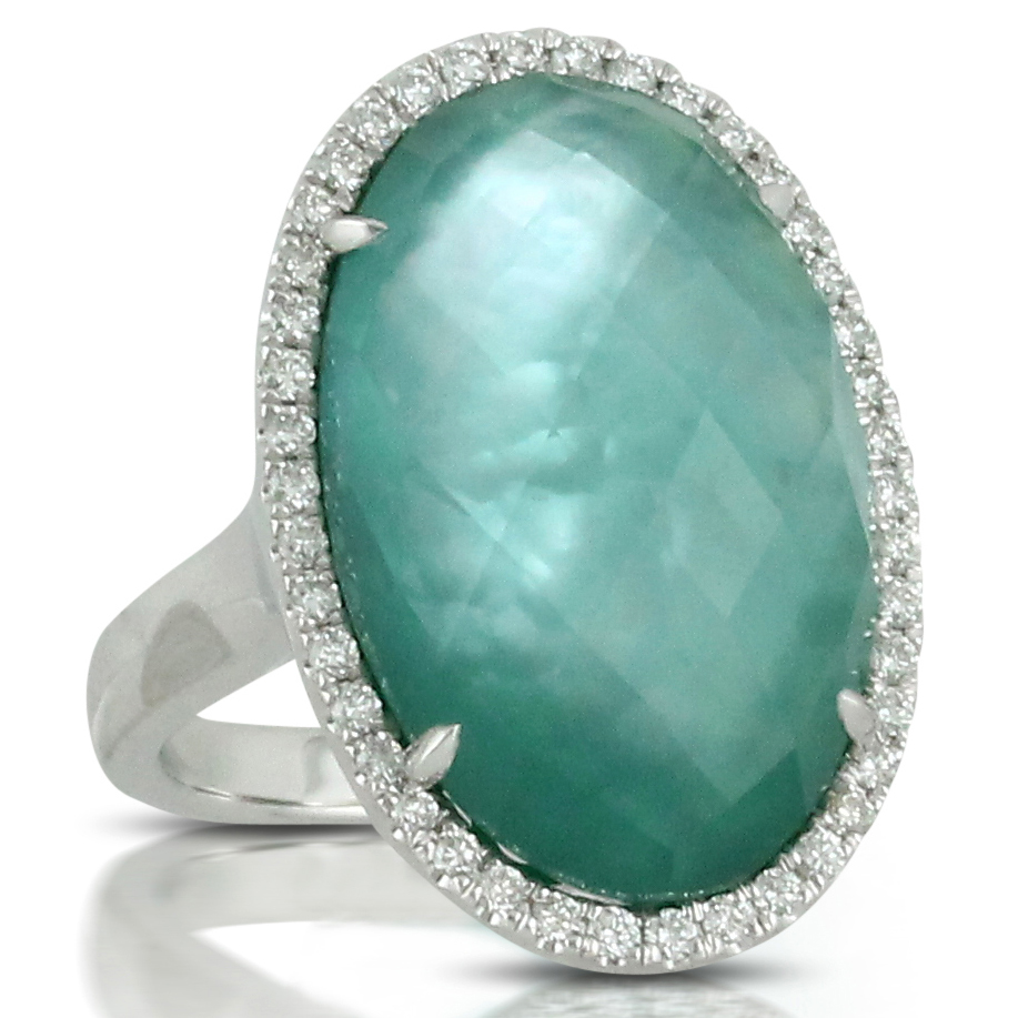 Doves "Cypress Grove" Green Amethyst Mother of Pearl, & Agate Oval White Gold Ring with Diamond Halo