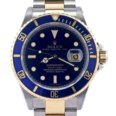 Rolex Blue Submariner Watch 16613 Dial Yellow Gold Steel Oyster 1995 16613