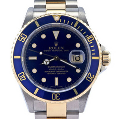 Rolex Blue Submariner Watch 16613 Dial Yellow Gold Steel Oyster 1995 16613