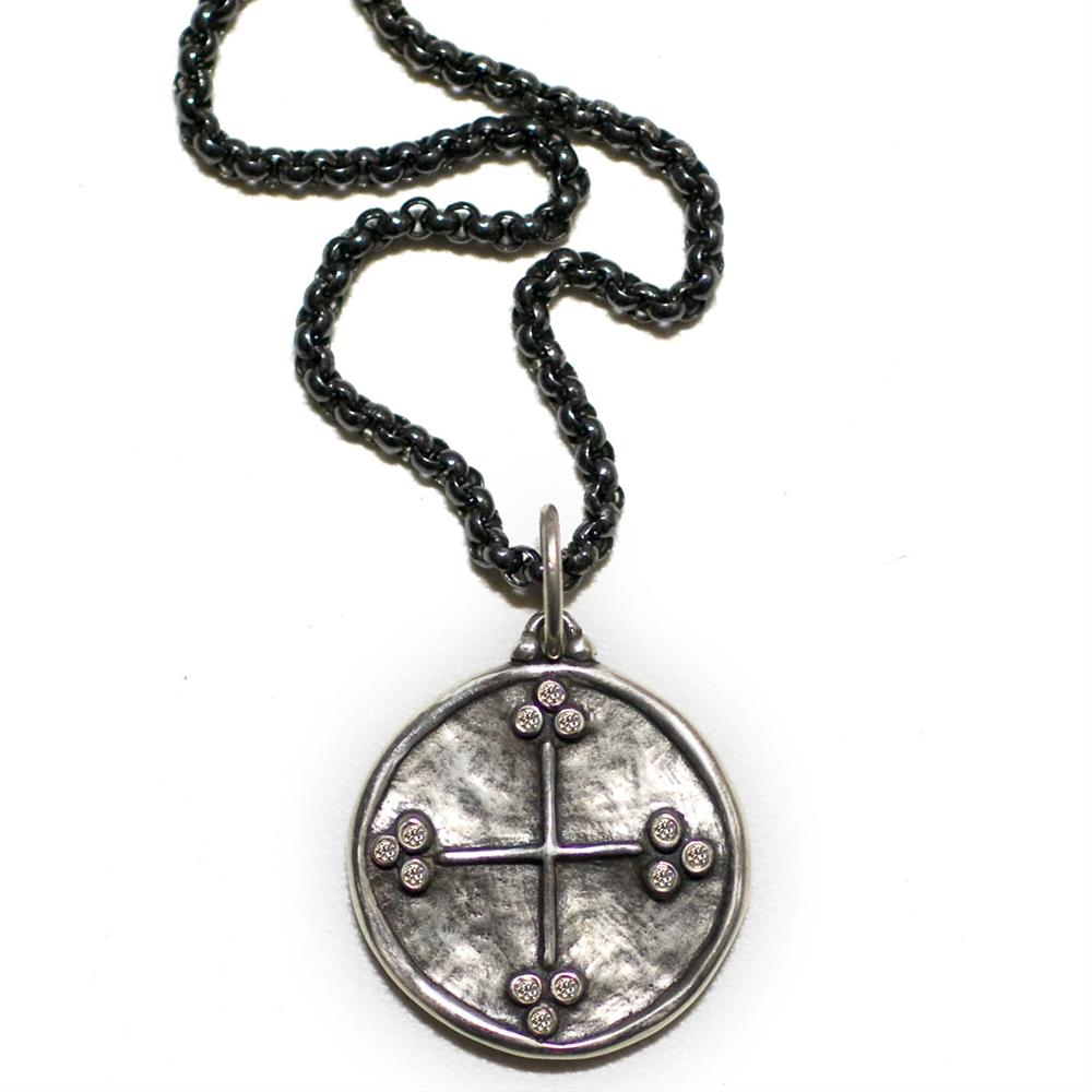 Erica Molinari Renaissance Silver "Know Thyself" Cross Charm Necklace with Diamonds