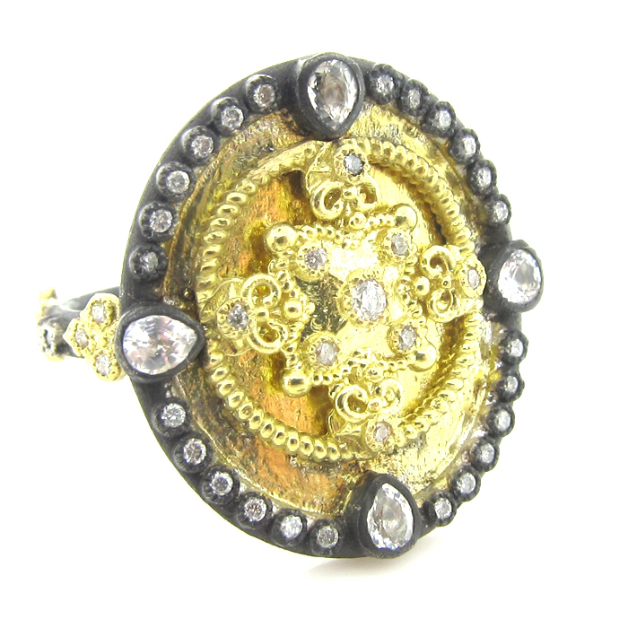 Armenta Heraldry Oval Shield Ring Gold Diamonds & White Sapphires