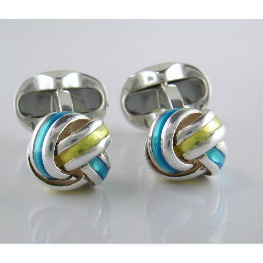 Deakin & Francis Blue & Yellow Enamel Sterling Silver Knot Cufflinks