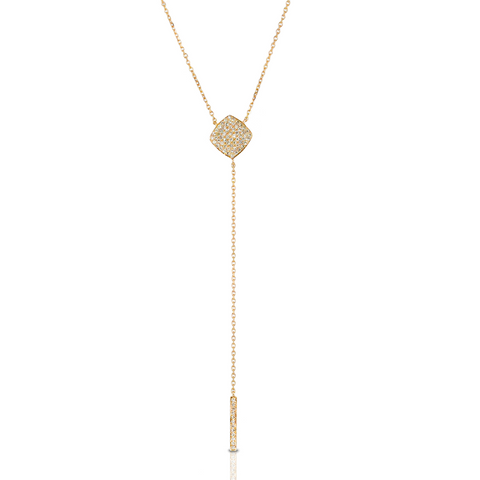 Doves Pave Diamond Cushion Shaped Lariat Dangle Drop Yellow Gold Necklace