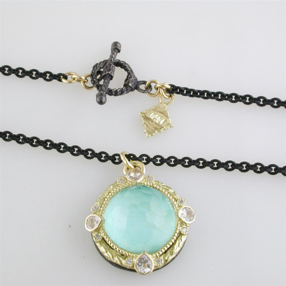 Armenta Round Enhancer with Green Turquoise & Quartz Doublet Oxidized Silver & Yellow Gold Necklace