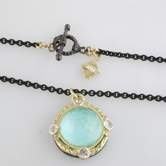 Armenta Round Enhancer with Green Turquoise & Quartz Doublet Oxidized Silver & Yellow Gold Necklace