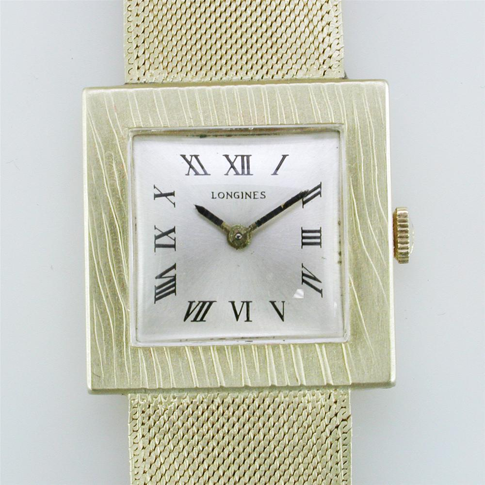 Vintage Estate Longines Square Men's 14K Yellow Gold Watch with Mesh Bracelet Box & Papers