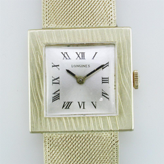 Vintage Estate Longines Square Men's 14K Yellow Gold Watch with Mesh Bracelet Box & Papers