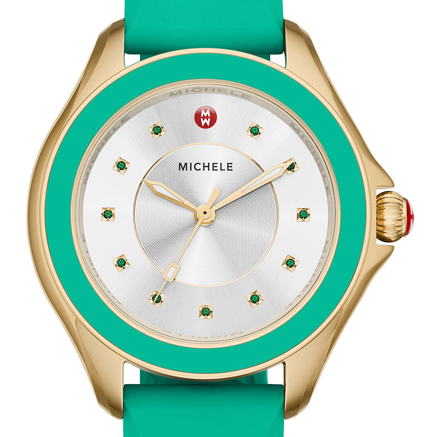 Michele Cape Topaz Kelly Green Yellow Gold Tone Case Silver Sunray Dial Watch