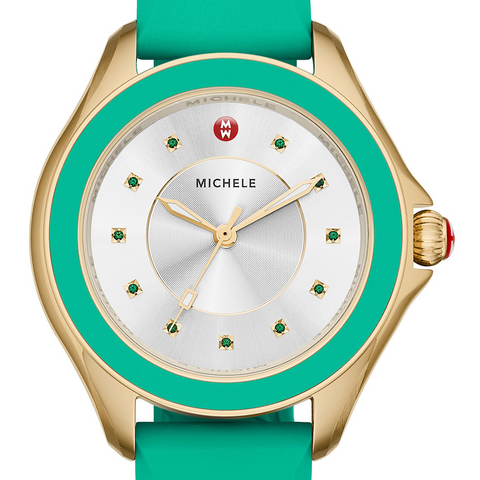 Michele Cape Topaz Kelly Green Yellow Gold Tone Case Silver Sunray Dial Watch
