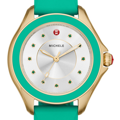 Michele Cape Topaz Kelly Green Yellow Gold Tone Case Silver Sunray Dial Watch