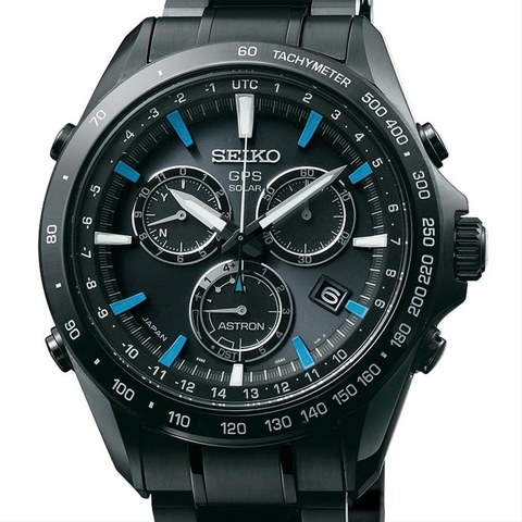 Seiko Astron Solar GPS Ceramic Black Stainless Blue 44.6mm Watch SSE013