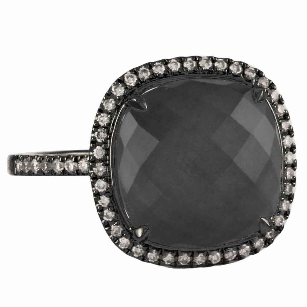 Doves Haute Hematite & Diamond Cushion Halo Black Rhodium Ring