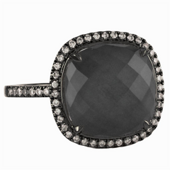 Doves Haute Hematite & Diamond Cushion Halo Black Rhodium Ring