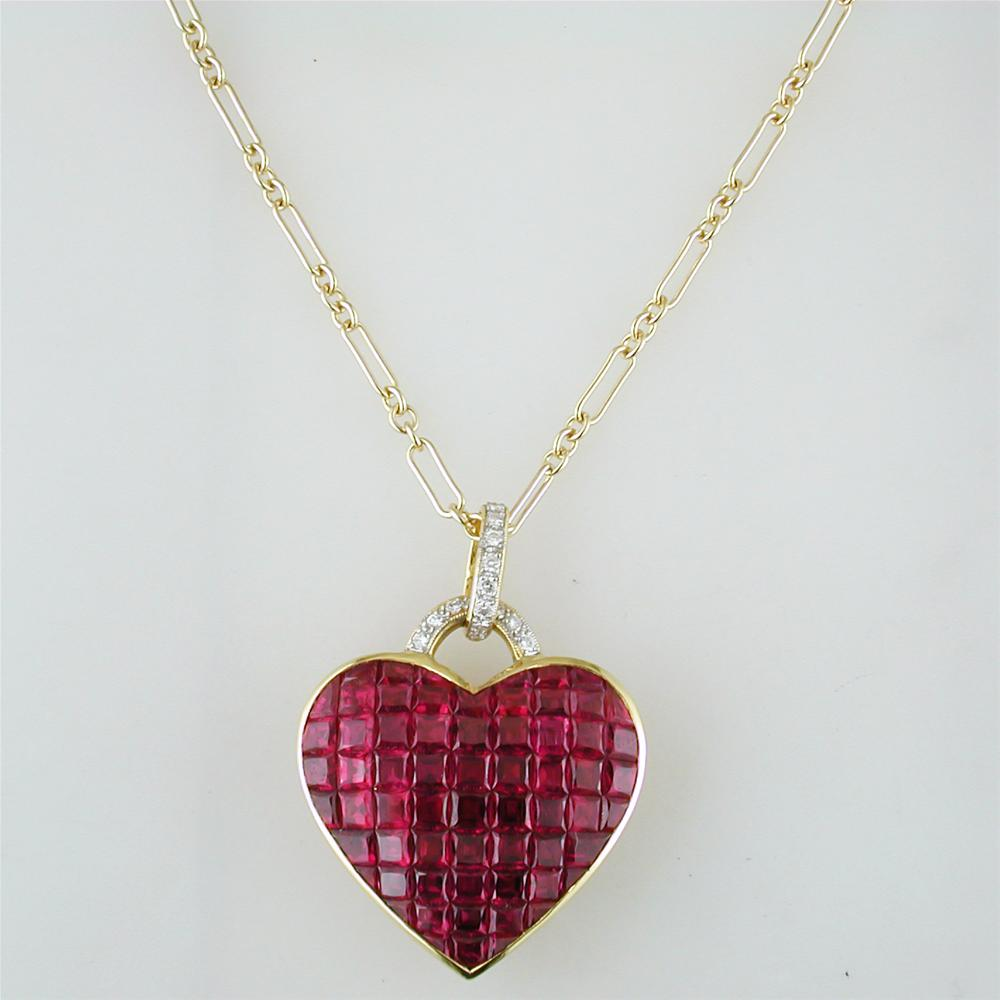 Vintage Estate Invisible Set Ruby Gold Heart Pendant Necklace