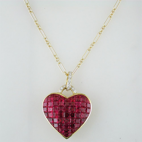 Vintage Estate Invisible Set Ruby Gold Heart Pendant Necklace