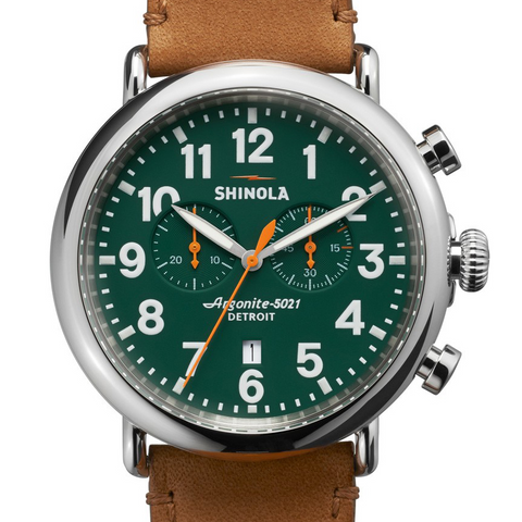 Shinola Runwell Chronograph Green Dial Brown Leather 47mm Men's Watch S0110000050
