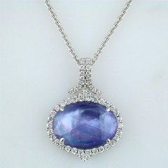 Doves Ivory Sky Blue Lapis, Mother of Pearl, & Topaz Diamond Halo Oval Pendant Necklace