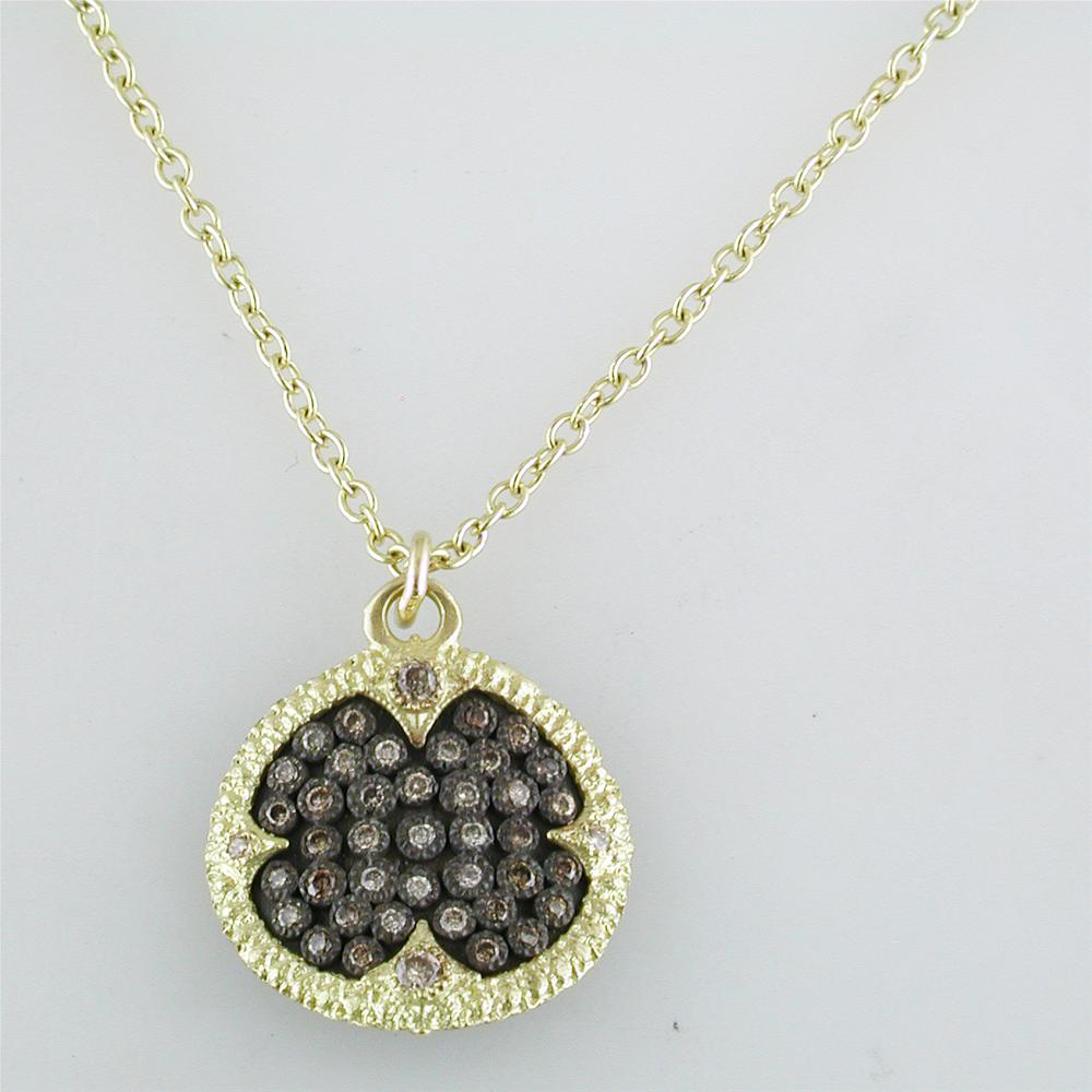 Armenta Ombre Champagne Diamond Carved Round Disc Silver & 18k Yellow Gold Pendant Necklace