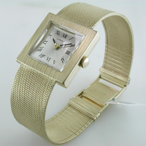 Vintage Estate Longines Square Men's 14K Yellow Gold Watch with Mesh Bracelet Box & Papers