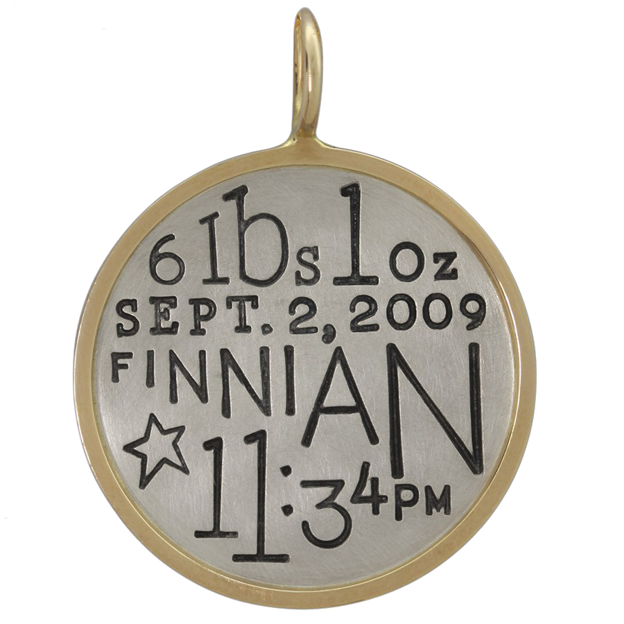 Heather Moore Personalized New Baby Stats Round Charm Pendant Silver & Gold