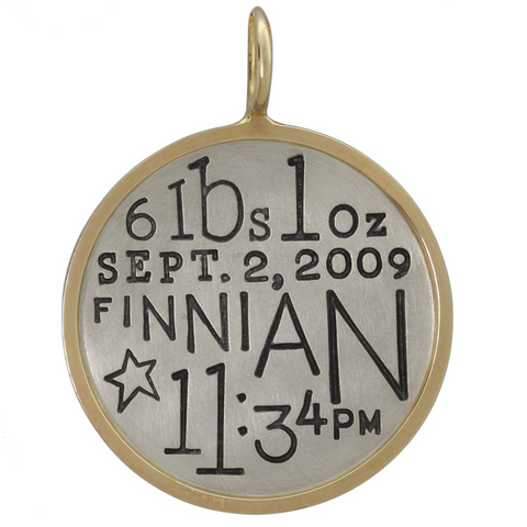 Heather Moore Personalized New Baby Stats Round Charm Pendant Silver & Gold